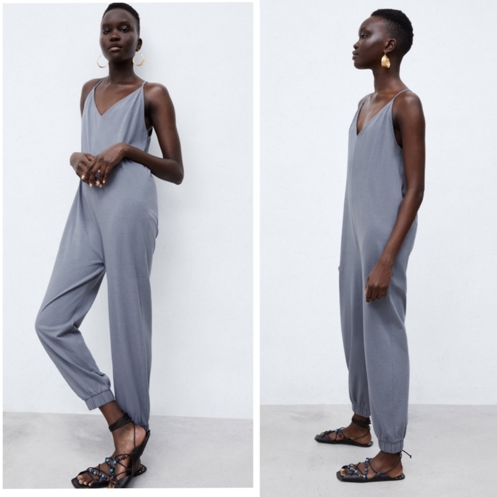 Zara Long Jersey Jogger Jumpsuit Blue/Gray Sz S